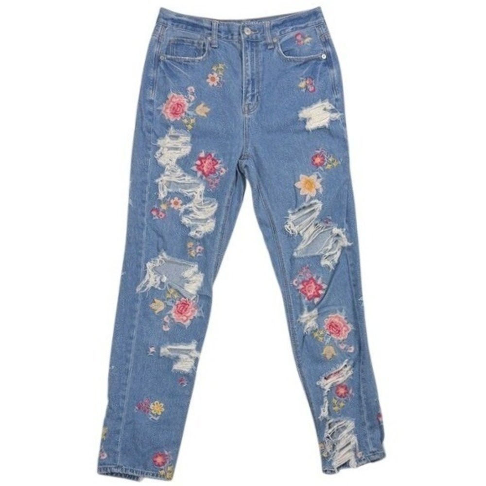 American Eagle Floral Embroidered Distressed Mom Jeans Blue Womens 4‎ Regular